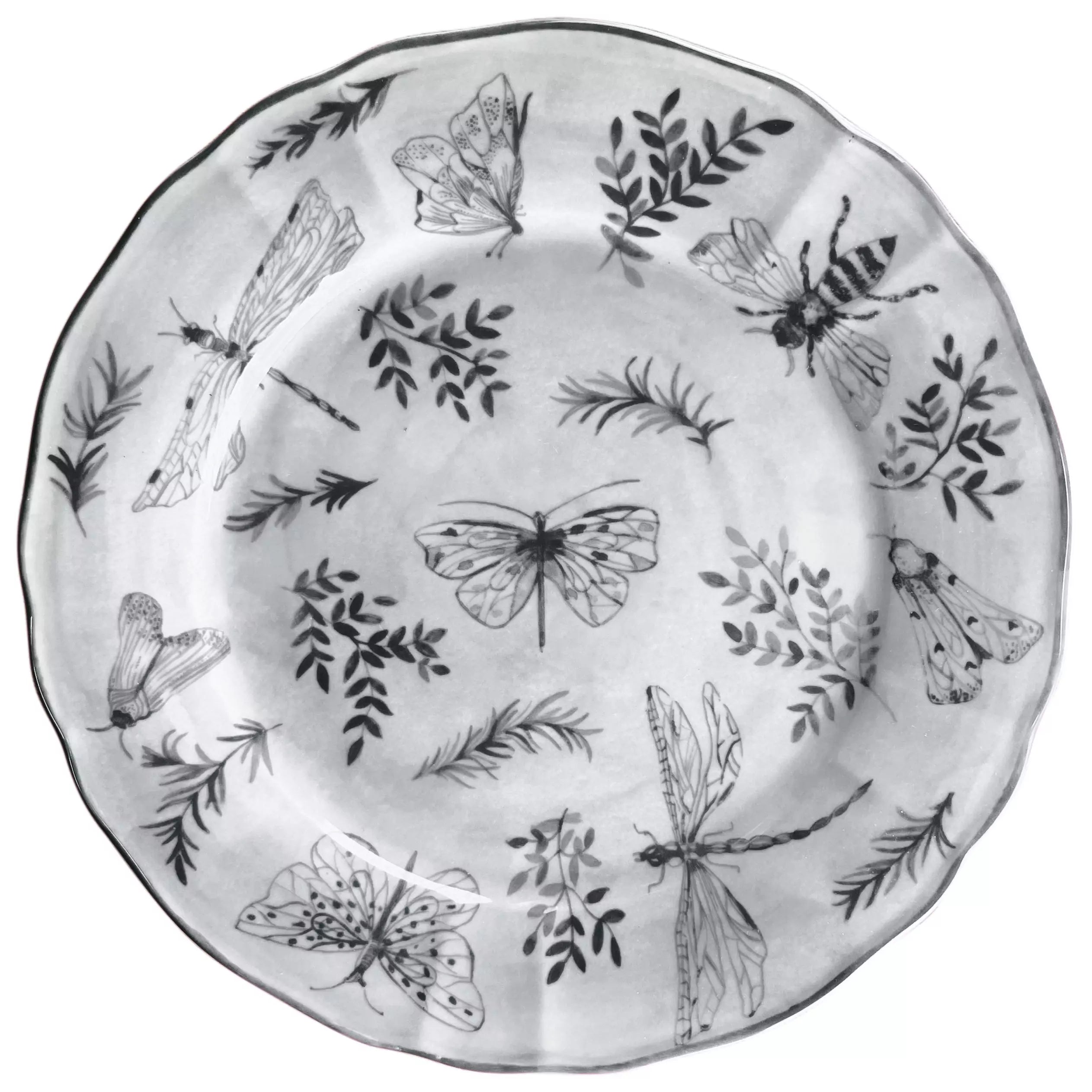 ARCUCCI – BANDEJA REDONDA SONIA 33CM DE PORCELANA DECORADA CON MARIPOSAS Y FLORES - Negro